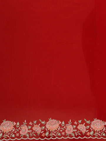 Bright Red Floral Embroidered Satin Saree - Diadem