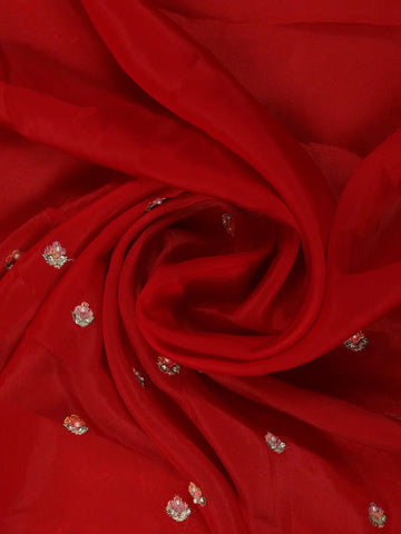 Bright Red Floral Embroidered Satin Saree - Diadem