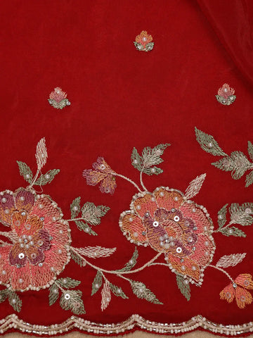 Bright Red Floral Embroidered Satin Saree - Diadem