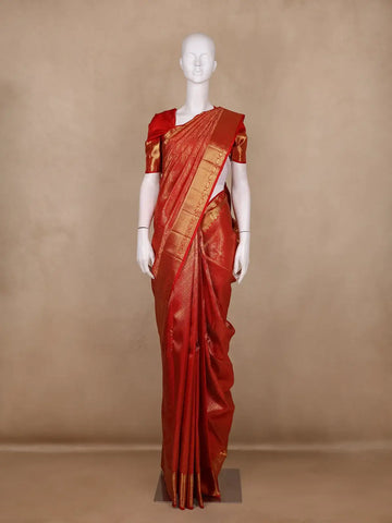 Bright Red Geometric Design Pure Kanchipuram Silk Saree - Diadem
