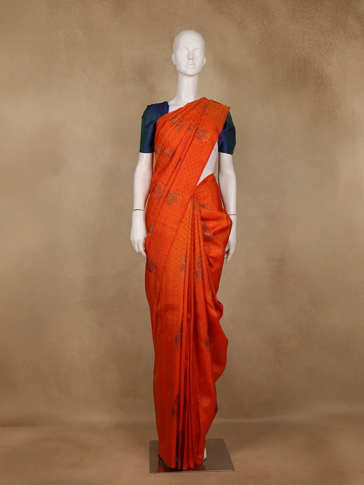 Bright Orange Floral Designed Silk Saree - Diadem
