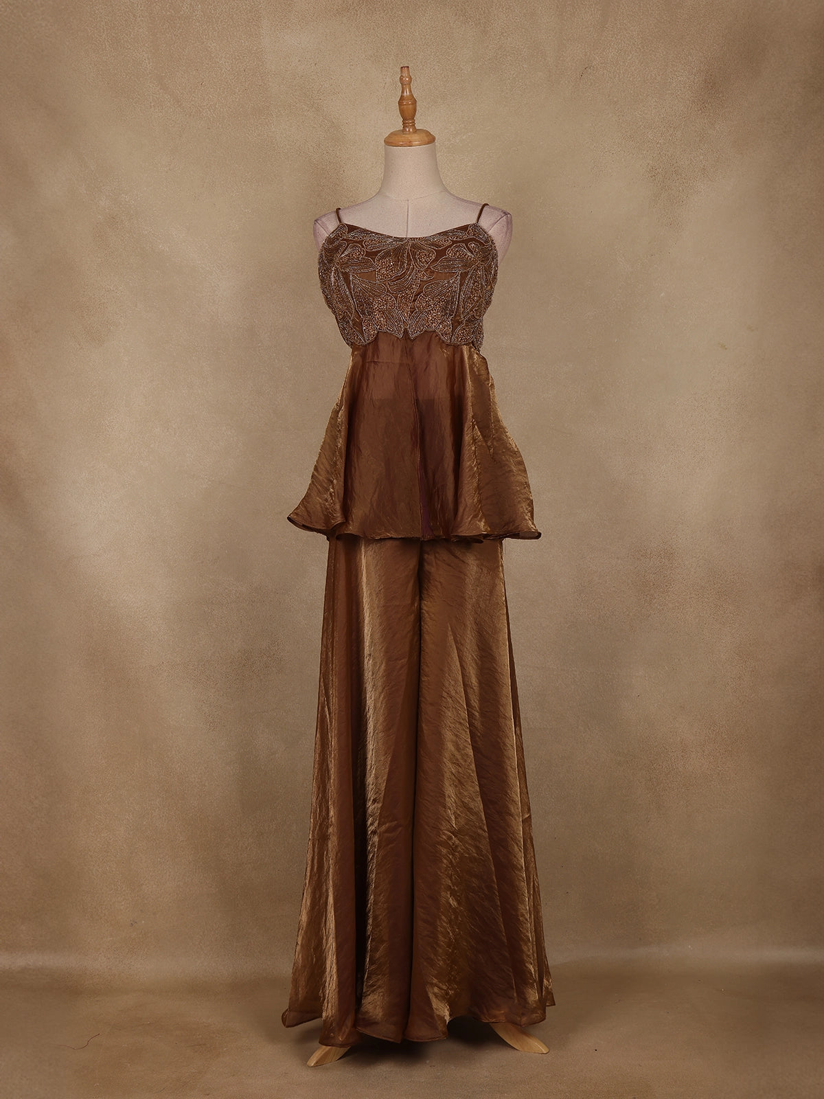 Bronze Brown Beaded Embroidered Space Silk Palazzo Suit