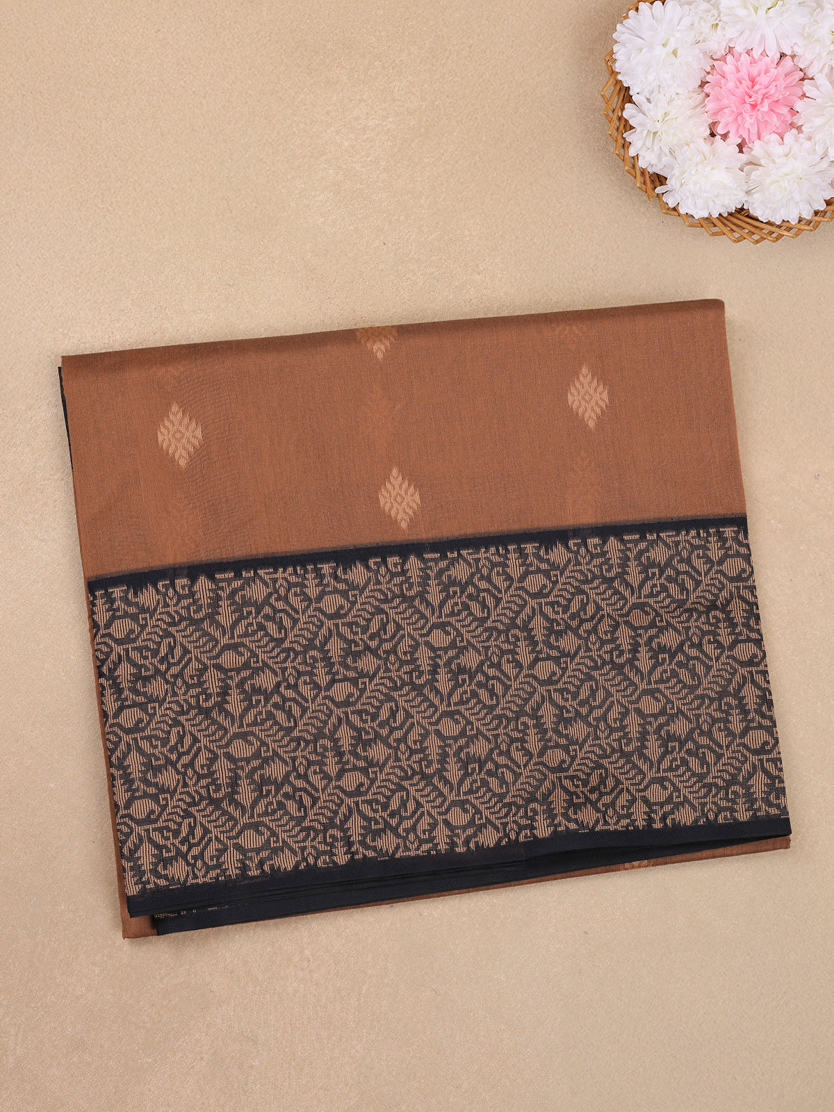 Brown Butta Woven Design Cotton Saree with Contrast Border