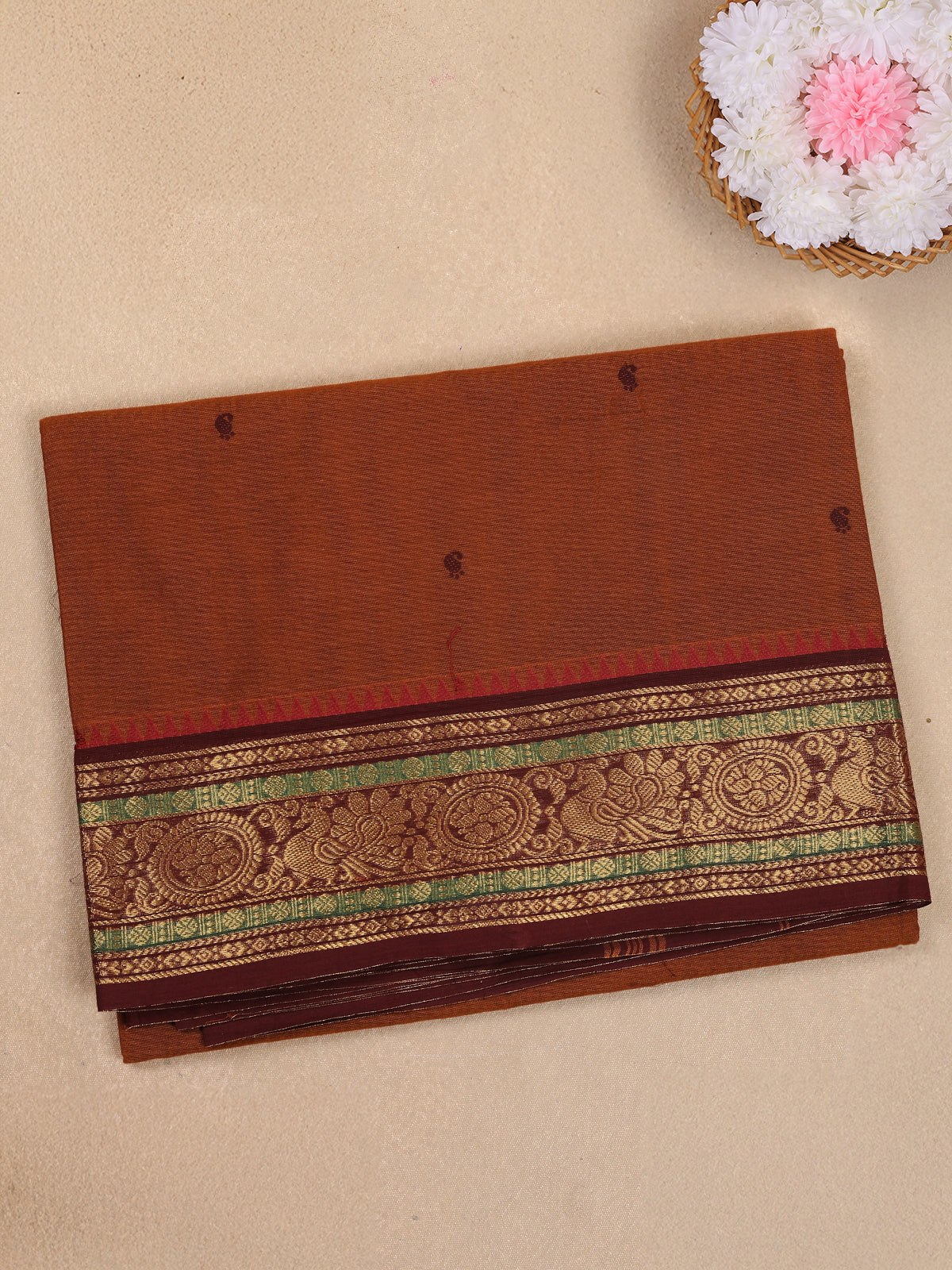Brown Butta Woven Design Cotton Saree with Contrast Zari Border