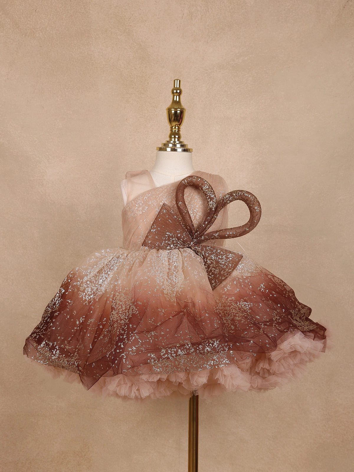 Brown Floral Glitter Design Party Wear Net Frock With Oversized Bow