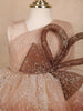 Brown Floral Glitter Design Party Wear Net Frock With Oversized Bow