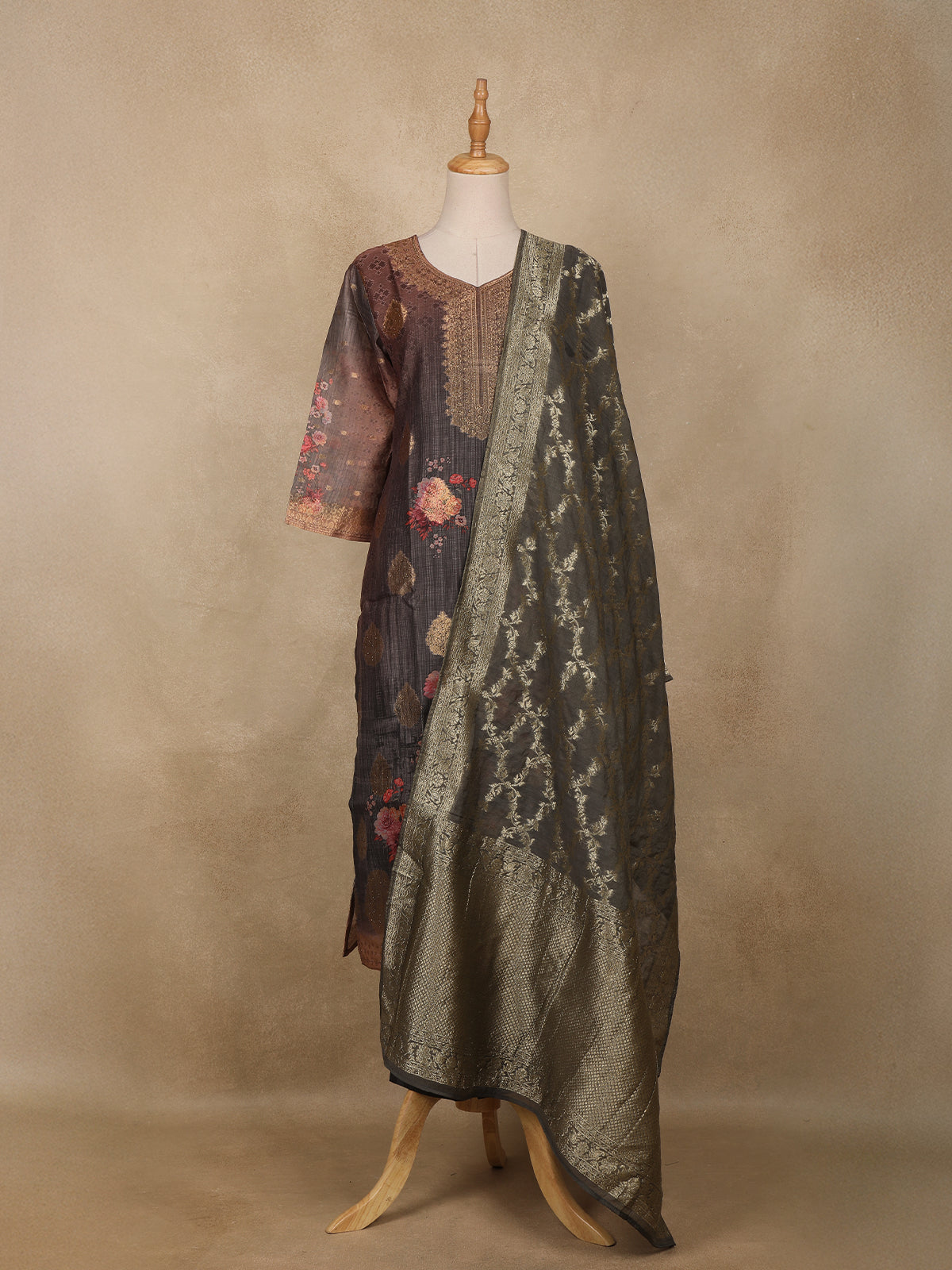 Brown Floral Printed Design Jacquard Straight Cut Salwar Suit