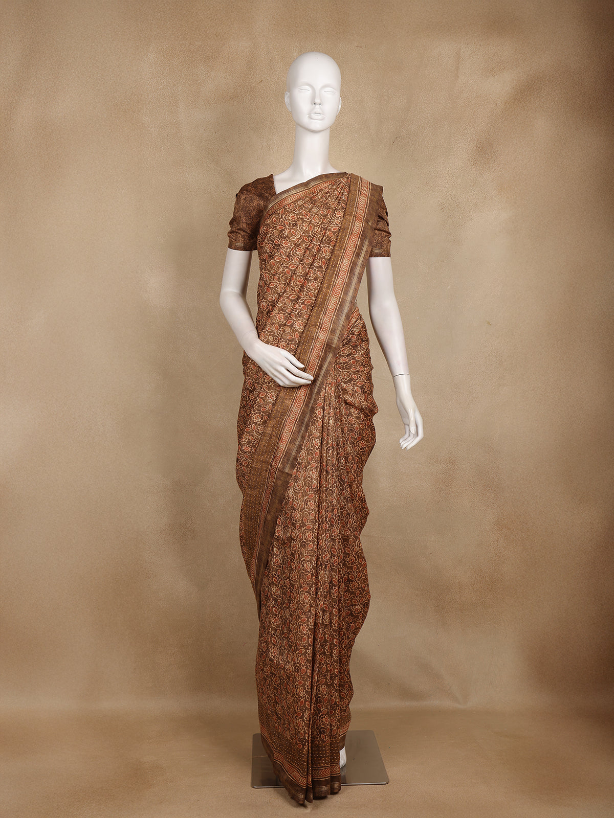 Brown Floral Printed Design Tussar Silk Saree