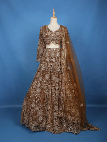 Brown Floral Sequin And Thread Embroidered Net Lehenga Set With Dupatta - Diadem