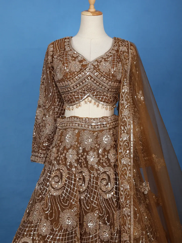 Brown Floral Sequin And Thread Embroidered Net Lehenga Set With Dupatta - Diadem
