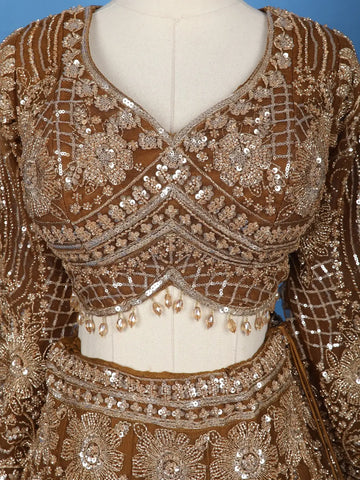 Brown Floral Sequin And Thread Embroidered Net Lehenga Set With Dupatta - Diadem