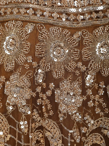 Brown Floral Sequin And Thread Embroidered Net Lehenga Set With Dupatta - Diadem