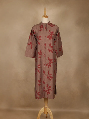Brown Leaf Design Printed Cotton Kurti - Diadem
