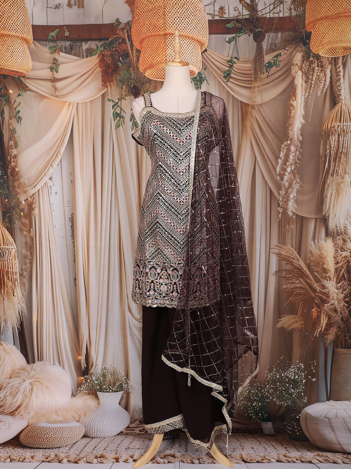 Brown Sequins Embroidered Design Georgette Palazzo Suit with Net Dupatta