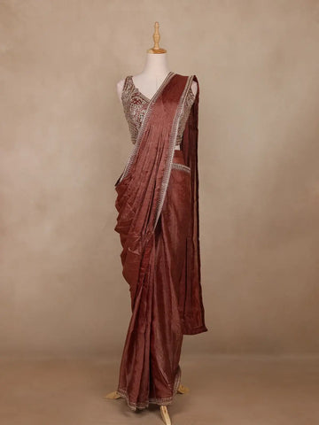Brown Solid Design Semi Organza Ready To Wear Saree - Diadem