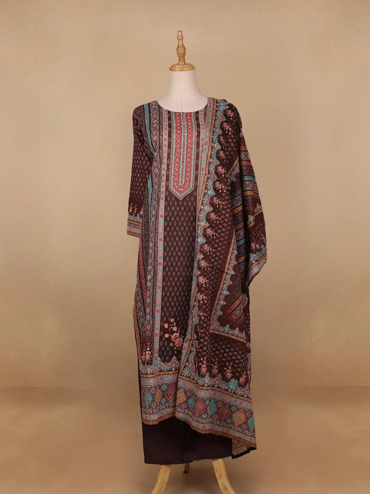 Brown Floral Designed Cotton Salwar Suit - Diadem