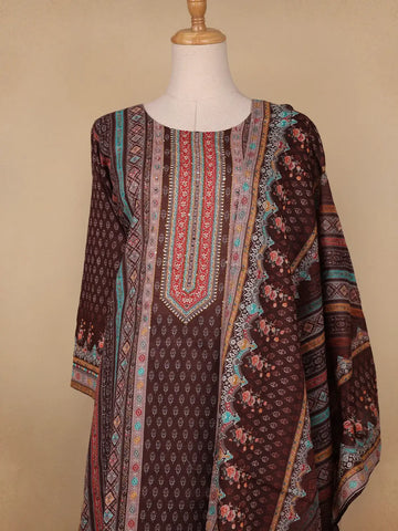 Brown Floral Designed Cotton Salwar Suit - Diadem