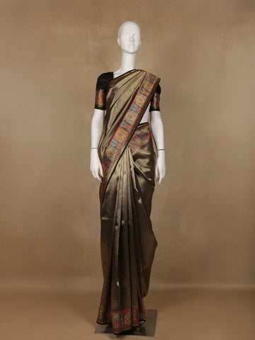 Brown Floral Design Print Silk Saree - Diadem