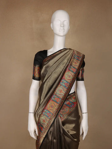 Brown Floral Design Print Silk Saree - Diadem