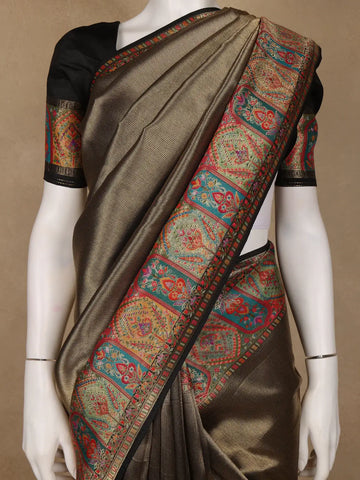 Brown Floral Design Print Silk Saree - Diadem