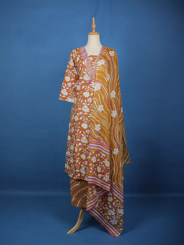 Brown Floral Designed Cotton Salwar Suit - Diadem