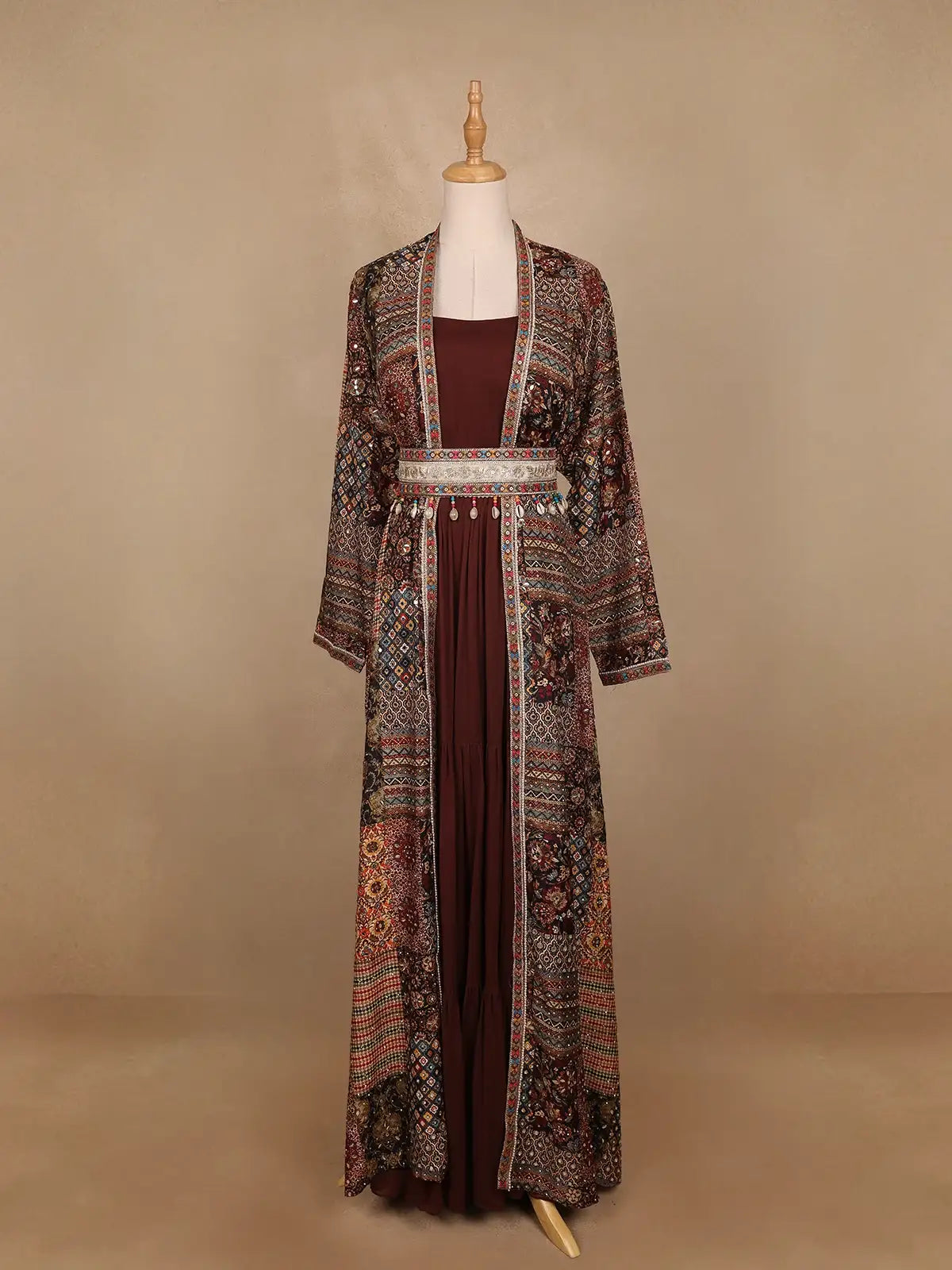 Brown Floral Designed Crepe Gown with Jacket - Diadem