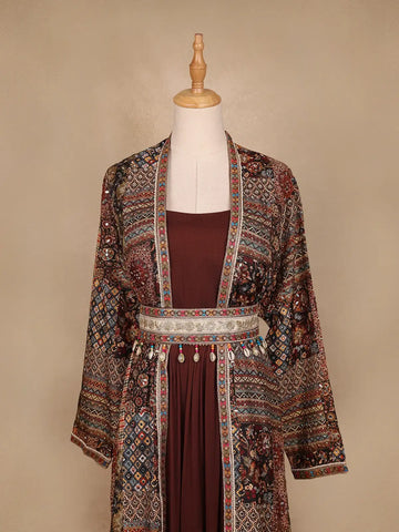 Brown Floral Designed Crepe Gown with Jacket - Diadem