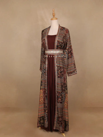 Brown Floral Designed Crepe Gown with Jacket - Diadem