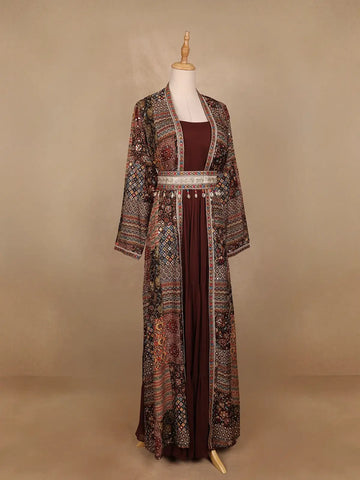 Brown Floral Designed Crepe Gown with Jacket - Diadem