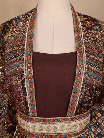 Brown Floral Designed Crepe Gown with Jacket - Diadem