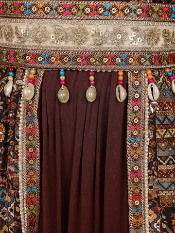 Brown Floral Designed Crepe Gown with Jacket - Diadem