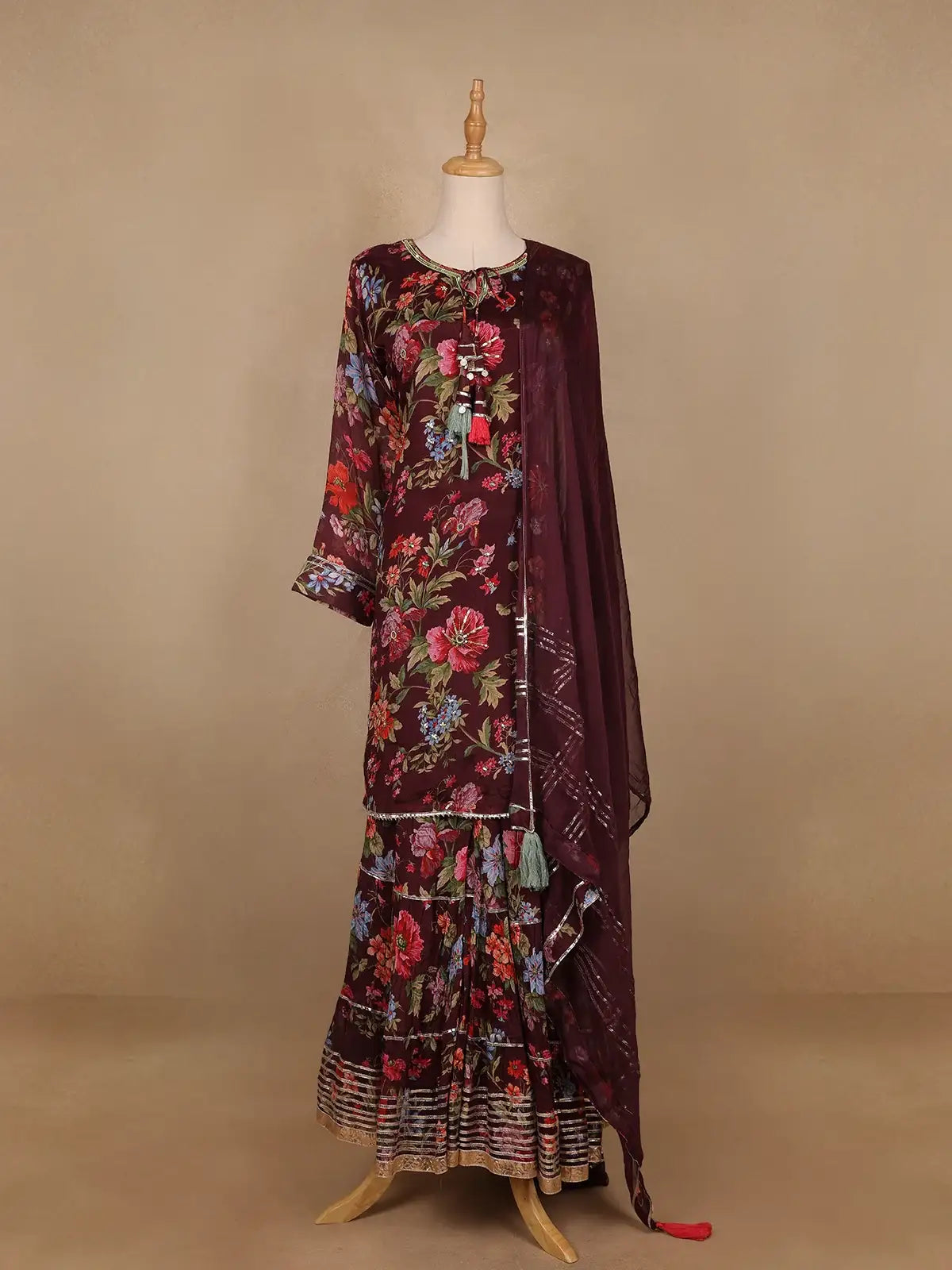 Brown Floral Designed Crepe Sharara salwar Suit - Diadem