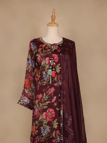 Brown Floral Designed Crepe Sharara salwar Suit - Diadem