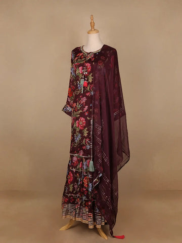 Brown Floral Designed Crepe Sharara salwar Suit - Diadem