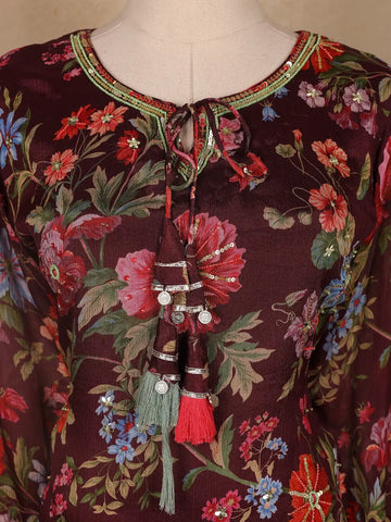 Brown Floral Designed Crepe Sharara salwar Suit - Diadem