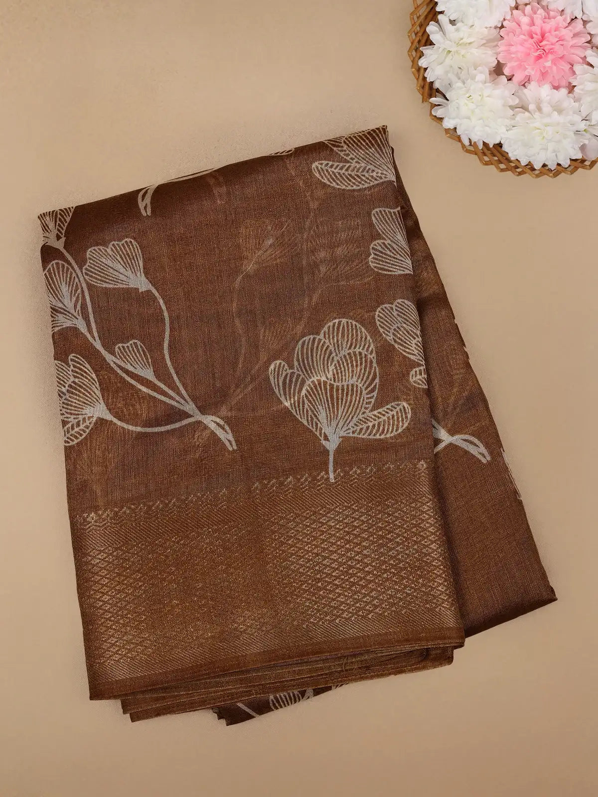 Brown Floral Designed Fancy Cotton Saree - Diadem