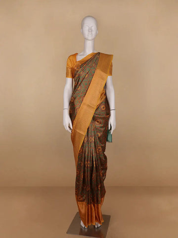 Brown Floral Designed Kora Printed Saree - Diadem