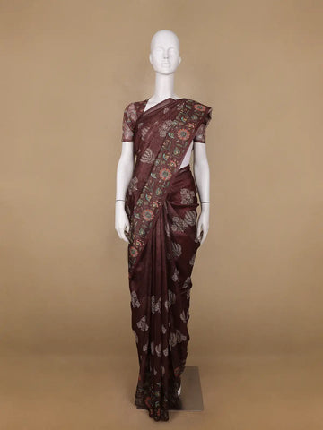 Brown Floral Designed Raw Silk Saree - Diadem