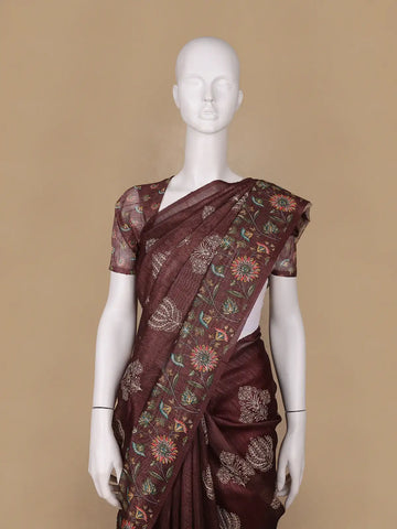 Brown Floral Designed Raw Silk Saree - Diadem