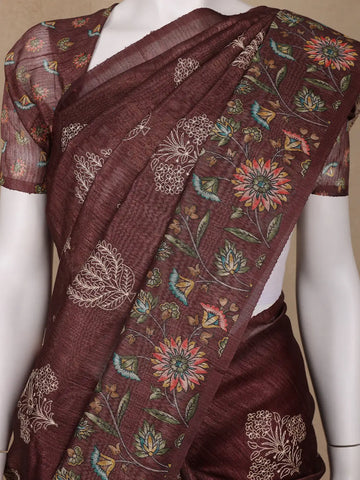Brown Floral Designed Raw Silk Saree - Diadem