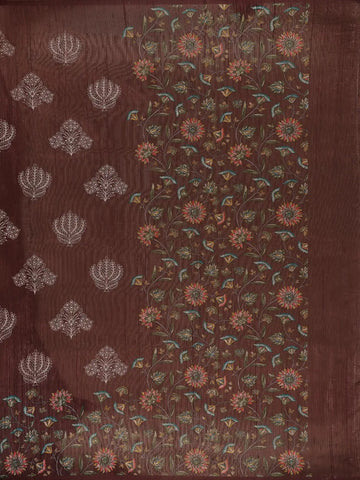 Brown Floral Designed Raw Silk Saree - Diadem