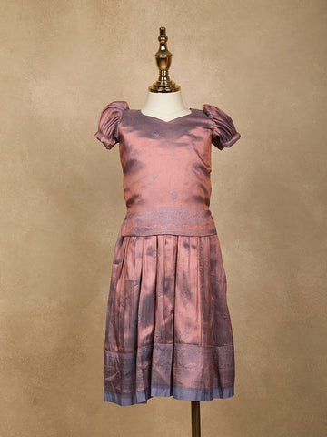 Brown Floral Designed Silk Pavada Sattai Set - Diadem