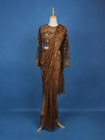 Brown Floral Designs Lace Ready To Wear Saree with Designer Blouse - Diadem