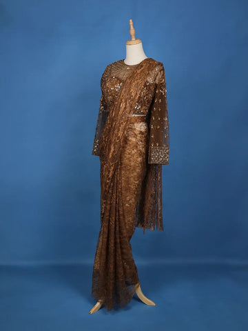 Brown Floral Designs Lace Ready To Wear Saree with Designer Blouse - Diadem