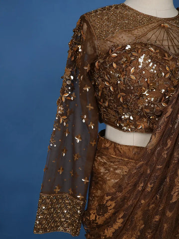 Brown Floral Designs Lace Ready To Wear Saree with Designer Blouse - Diadem