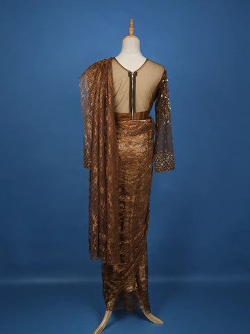 Brown Floral Designs Lace Ready To Wear Saree with Designer Blouse - Diadem