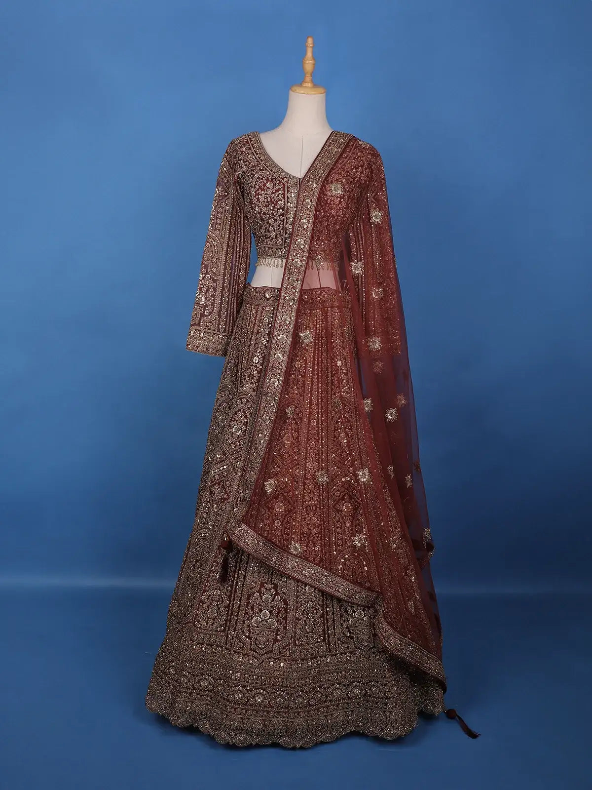 Brown Floral Embroidery Bridal Net Lehenga - Diadem