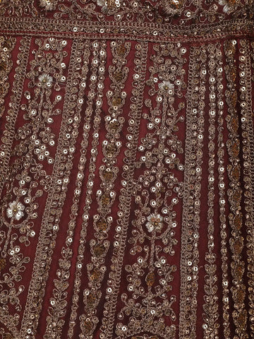 Brown Floral Embroidery Bridal Net Lehenga - Diadem