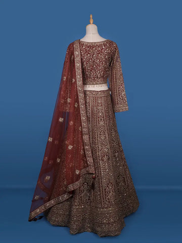 Brown Floral Embroidery Bridal Net Lehenga - Diadem