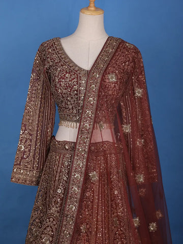 Brown Floral Embroidery Bridal Net Lehenga - Diadem